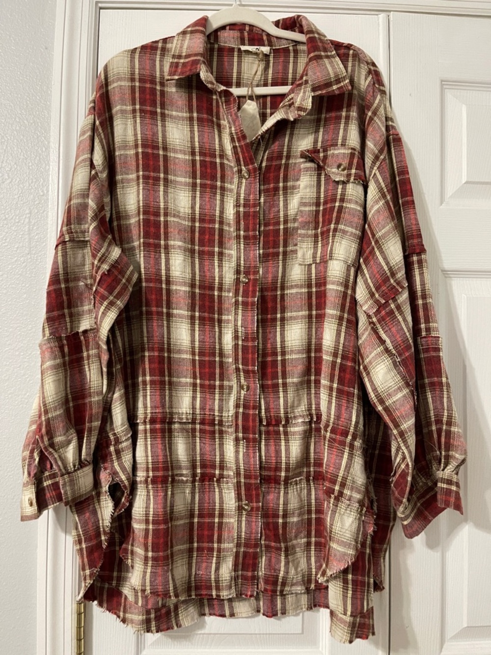 easel Red and Cream Plaid Button-Up Tunic